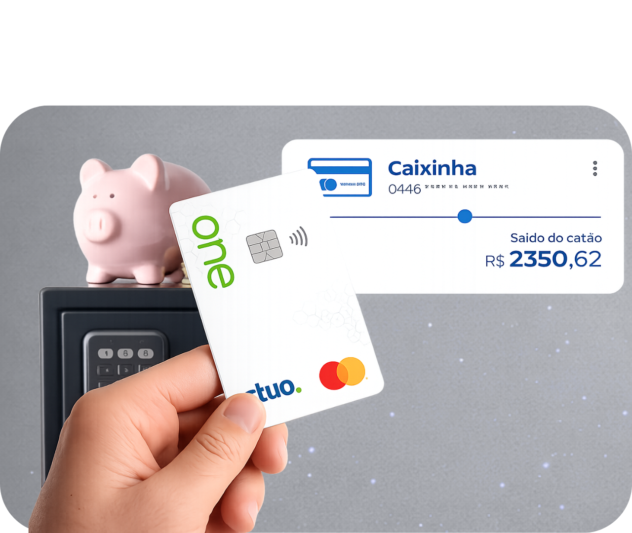 Hand holding a white payment card near a gray wallet, with a pink piggy bank and bank statement showing R$ 2350,62.