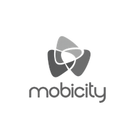 Mobicity logo with gray abstract icon and lowercase wordmark on white background