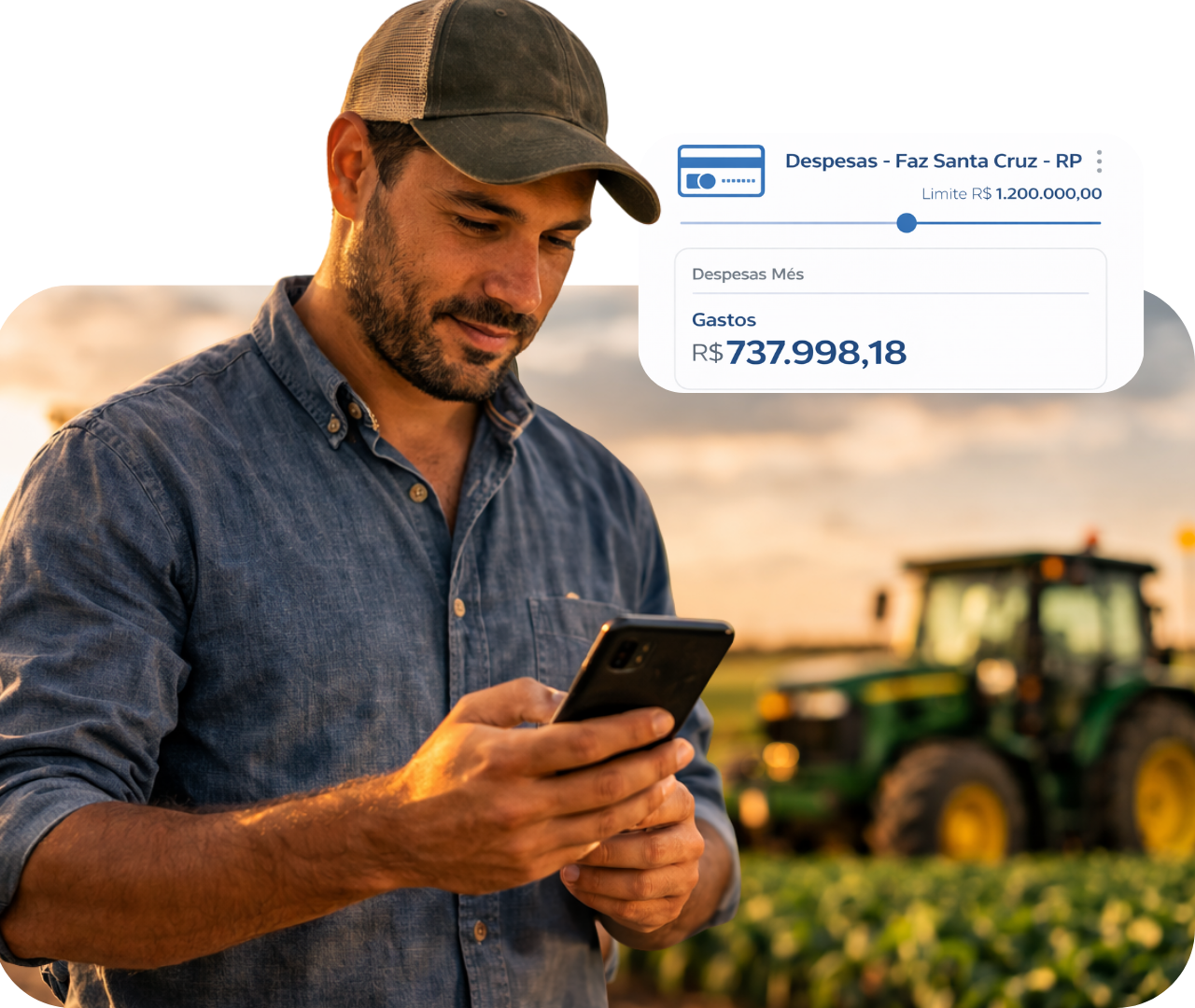 Farmer checking smartphone in a field with a tractor and crop data overlay