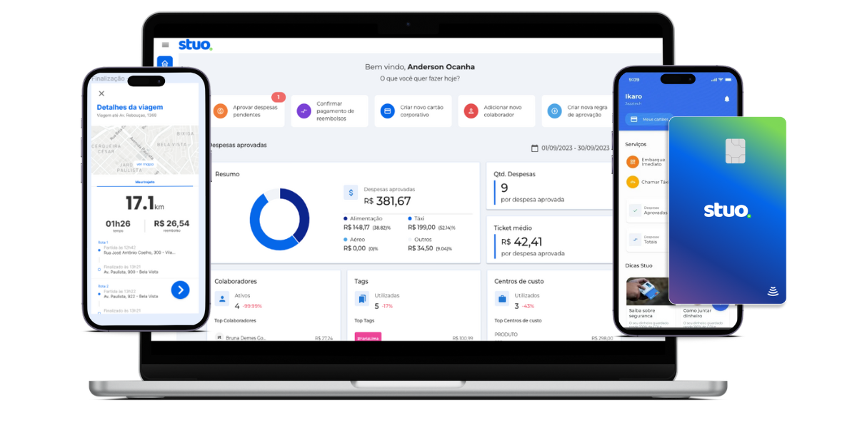 CRM dashboard shown on laptop, phone, and tablet with blue analytics charts and widgets