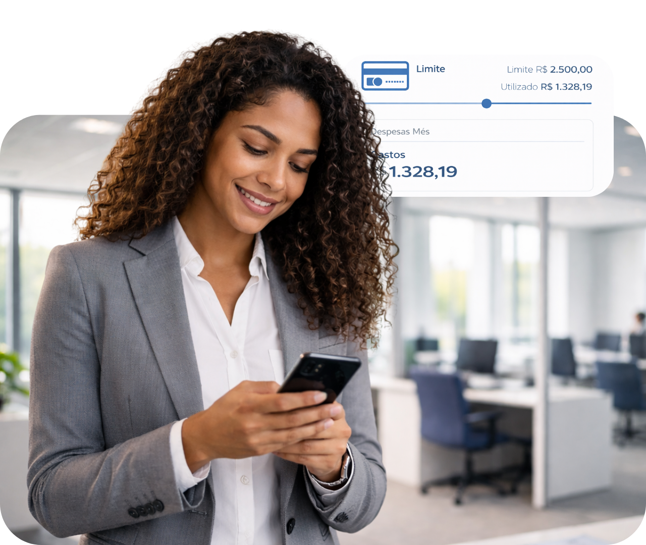 Woman smiling at a smartphone in a bright office with a financial app overlay on screen