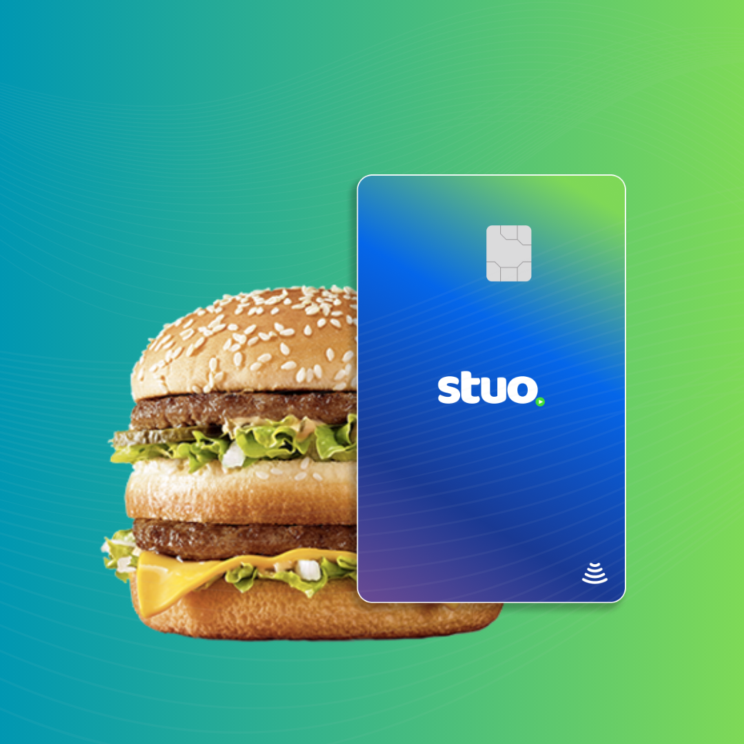 Stuo. card beside a cheeseburger on a blue-to-green gradient background