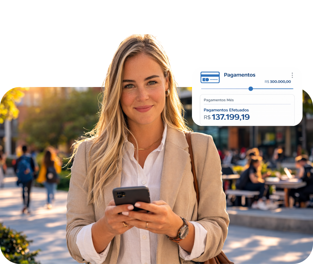 Smiling woman holding a phone outdoors with a payment receipt overlay on screen