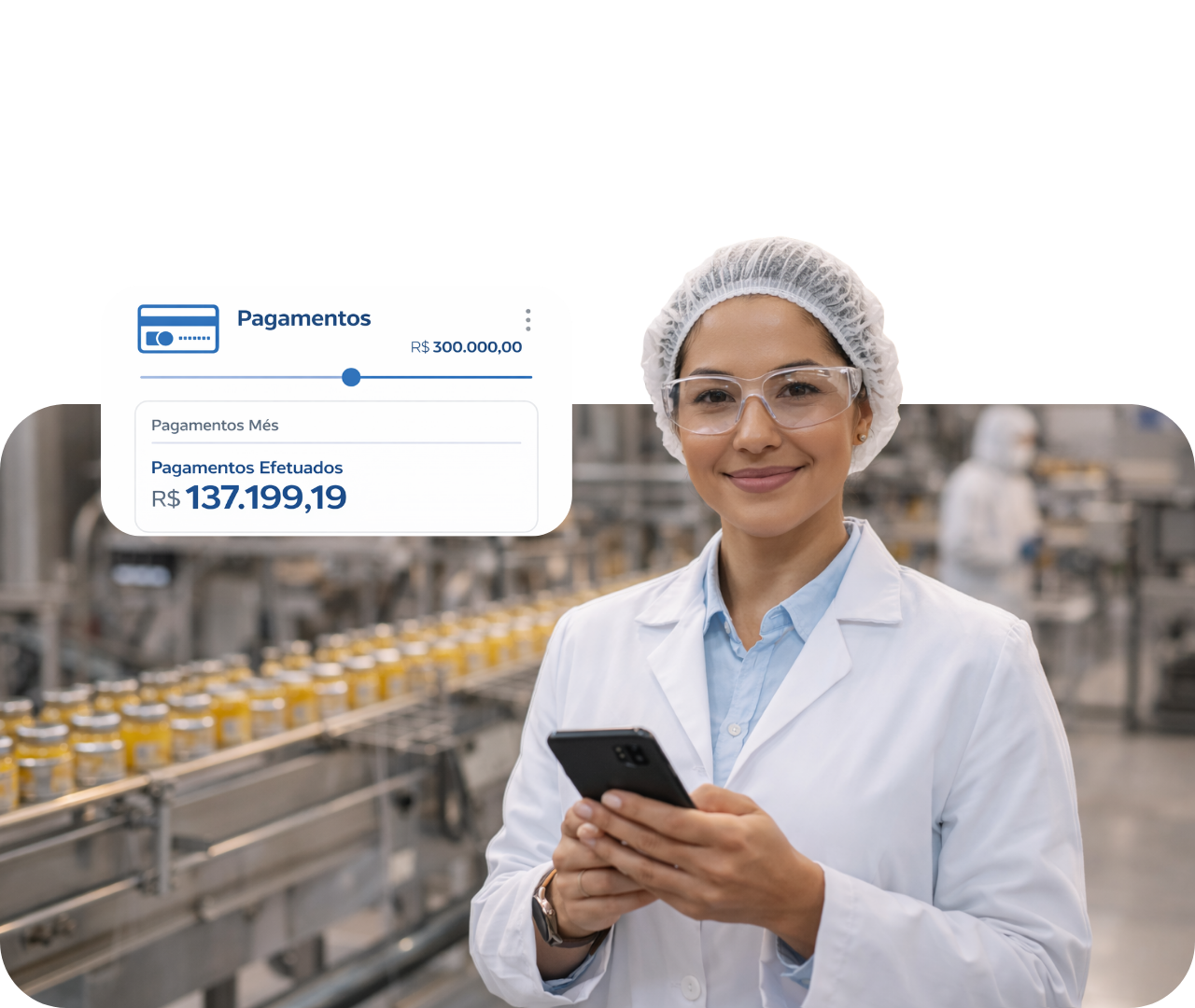 Lab worker in white coat and hairnet uses a phone in a factory, with a digital payment overlay on screen