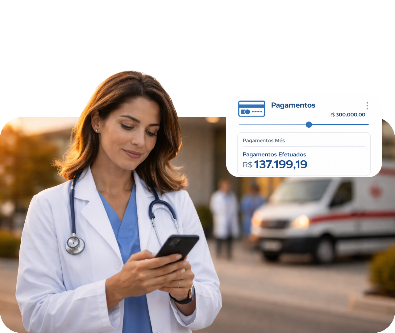 Doctor in blue scrubs using a smartphone, with a payment notification overlay on screen.