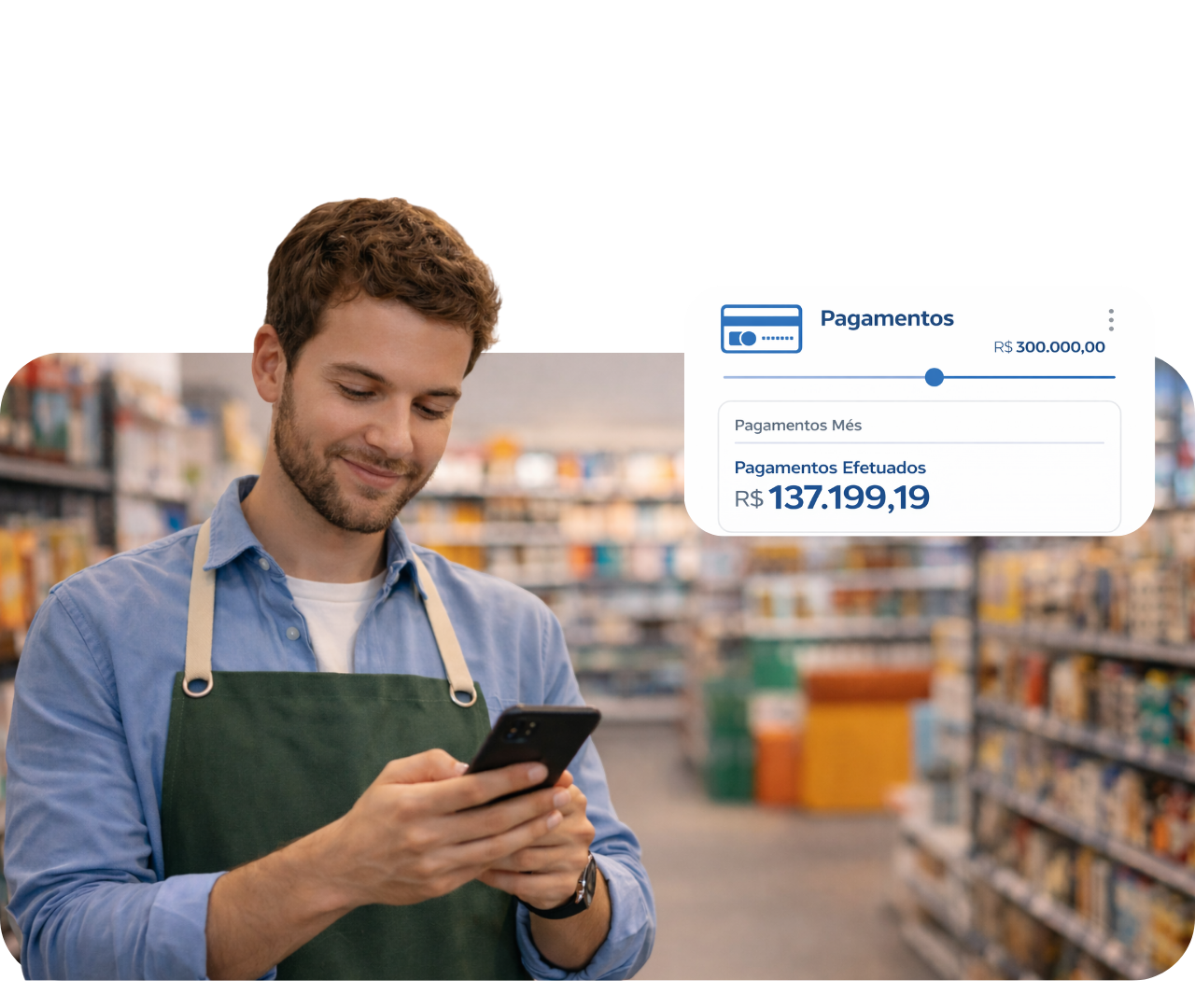 Man in green apron using a smartphone in a store, with a floating payments summary card beside him