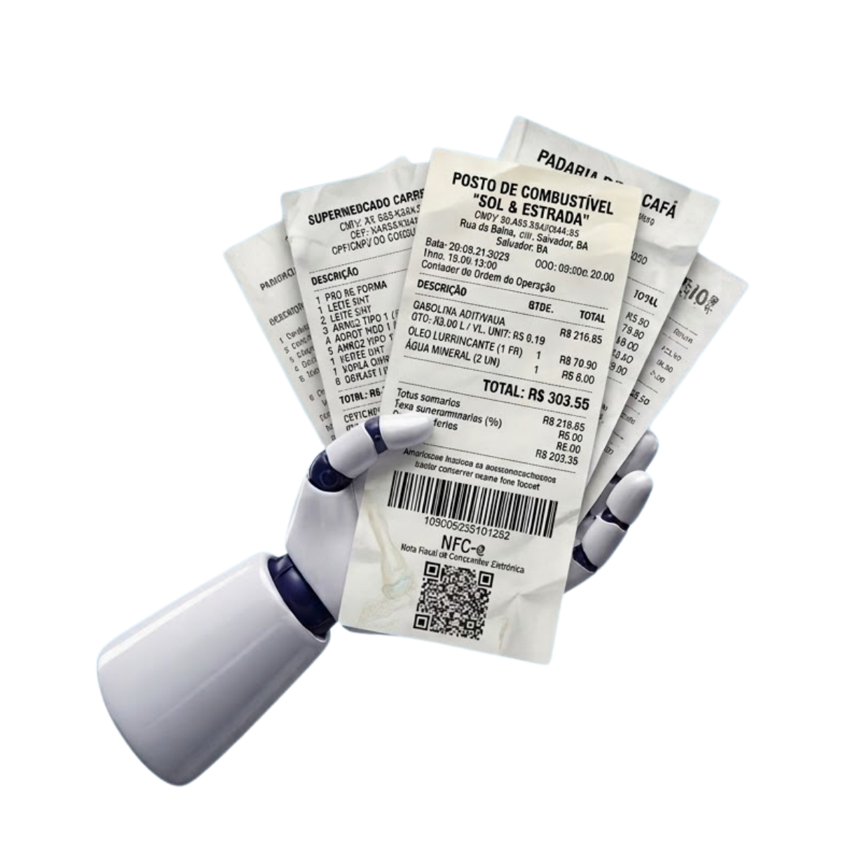 Robot hand holding several printed receipts
