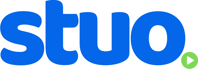 Blue “stu” logo with a small green play button icon in the lower right corner