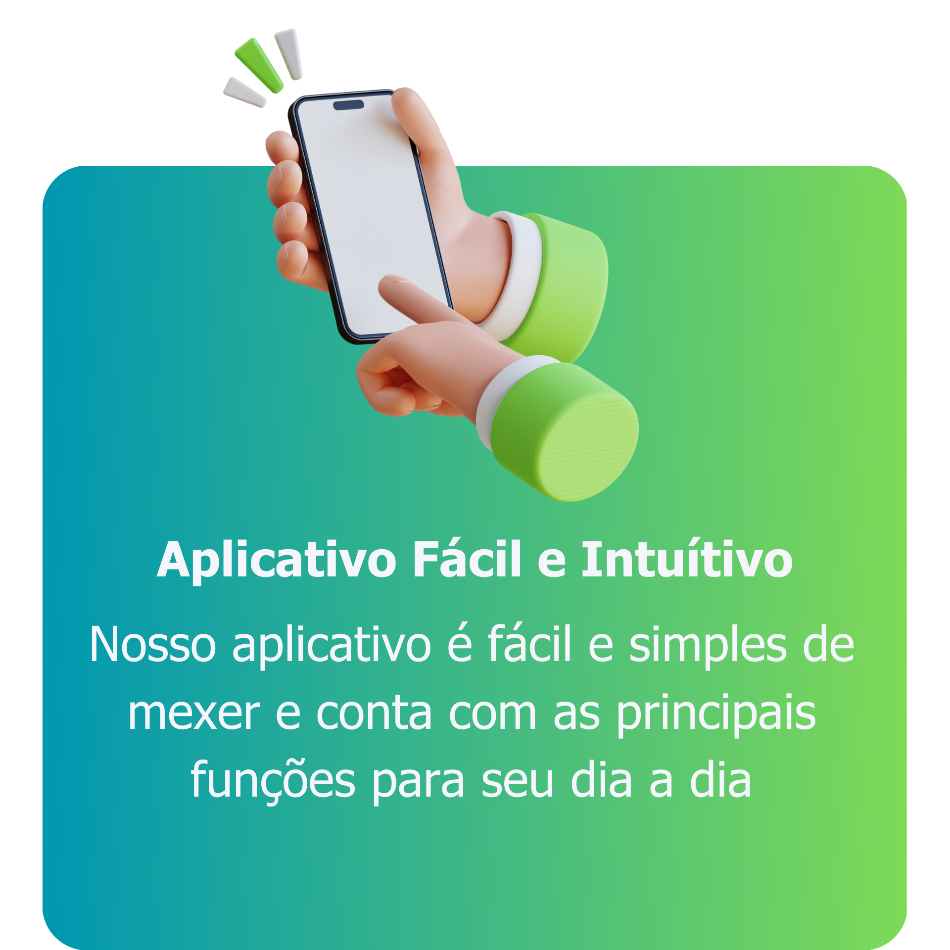 Mãos segurando smartphone sobre fundo azul e verde com o texto “Aplicativo Fácil e Intuitivo”