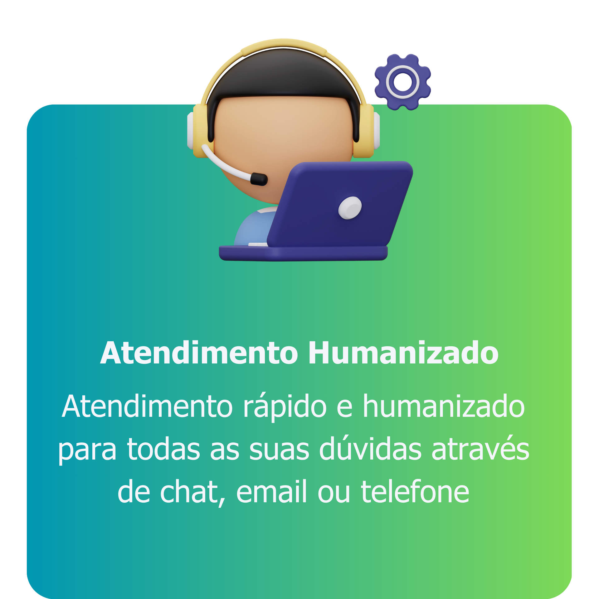 Atendimento humanizado: atendente com headset e laptop sobre fundo verde-azul, oferecendo suporte por chat, email ou telefone