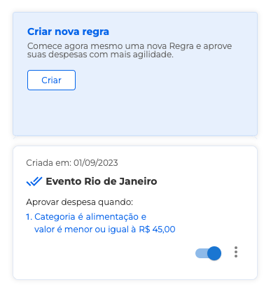 Tela de regras com cartão azul “Criar nova regra” e regra “Evento Rio de Janeiro” com alternância ativada.