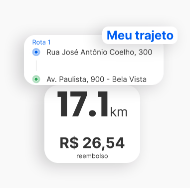 Trajeto em app: rota de 17,1 km com reembolso de R$ 26,54 entre Rua José Antônio Coelho e Av. Paulista.