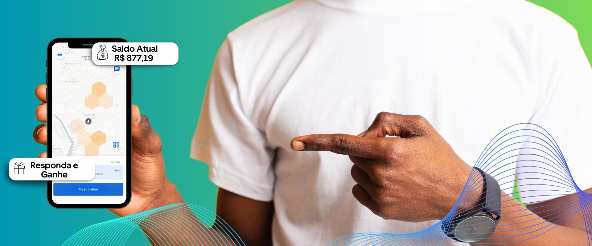 Person pointing at a smartphone with app notifications and a wireless signal graphic on a teal background