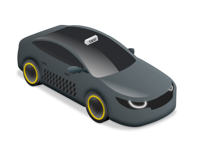 Stylized black and gray futuristic car with yellow-rimmed wheels on a white background