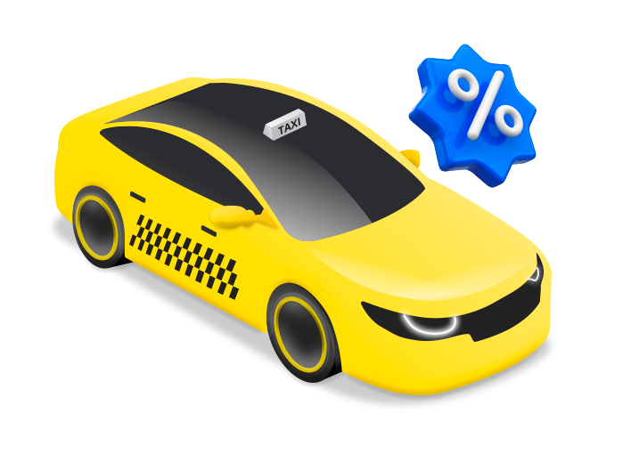 Yellow taxi car with a blue percent discount icon above it