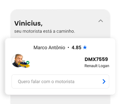 App showing driver en route: Marco Antônio, 4.85 rating, in DMX7559 Renault Logan, with chat button