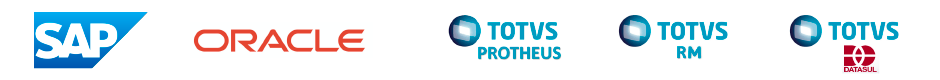 SAP, Oracle, and TOTVS logos in a row, with a small red icon on the far right