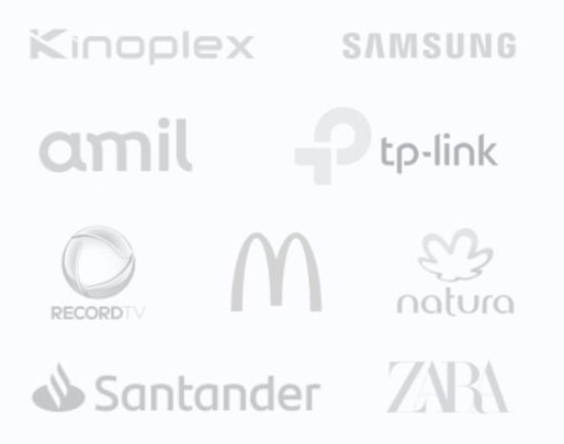 Grayscale collage of various company logos, including Samsung, TP-Link, Santander, Zara, McDonald's, and Natura
