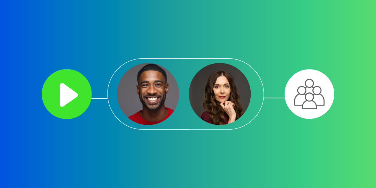 Green play button connected to two profile avatars and a group icon on a blue-to-green gradient background