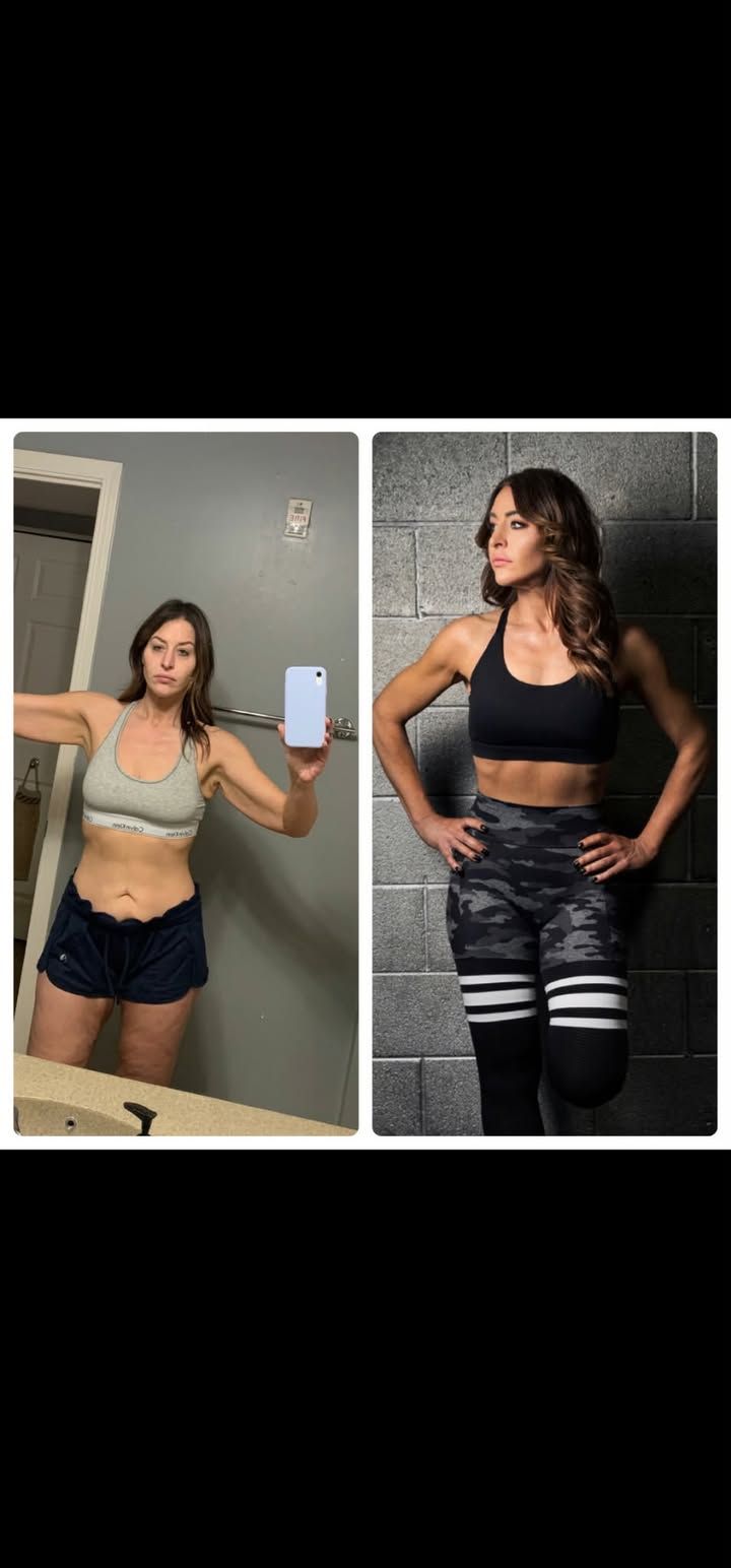 Side-by-side mirror selfies of a woman in workout clothes, showing a before-and-after fitness comparison.