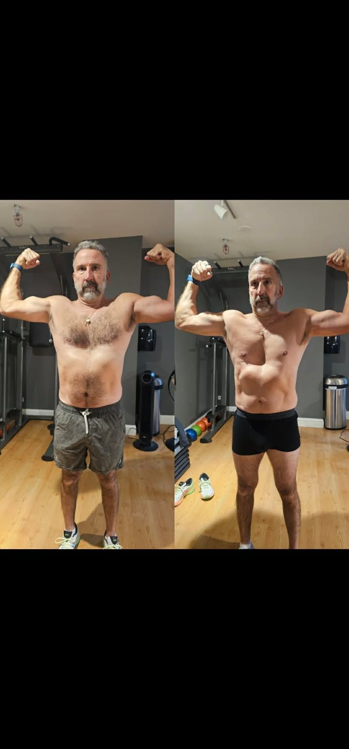 Side-by-side gym mirror selfies of a shirtless man flexing, showing before-and-after physique transformation.