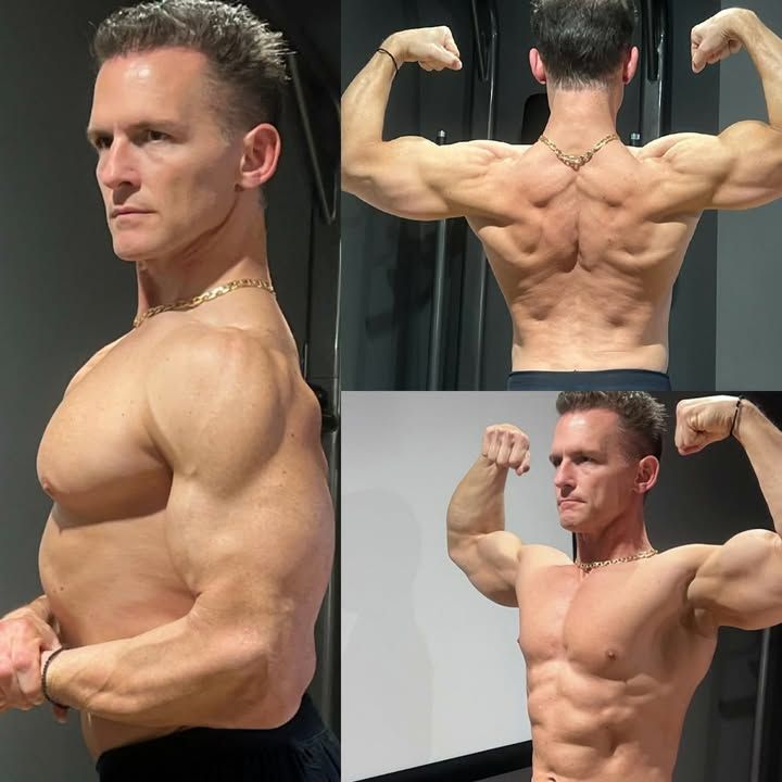 Bodybuilder posing in side, back, and front flexes, showing muscular definition against a dark indoor backdrop.