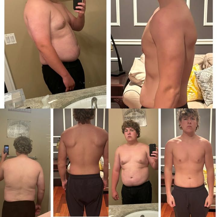 Collage of torso progress photos showing side, back, and front views in a home setting