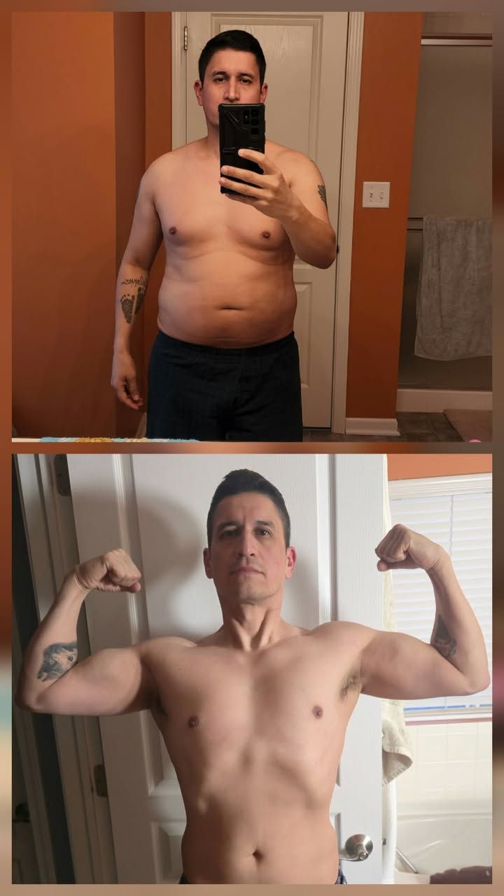 Two side-by-side torso selfies: one relaxed, one flexing arms, in a bathroom mirror.