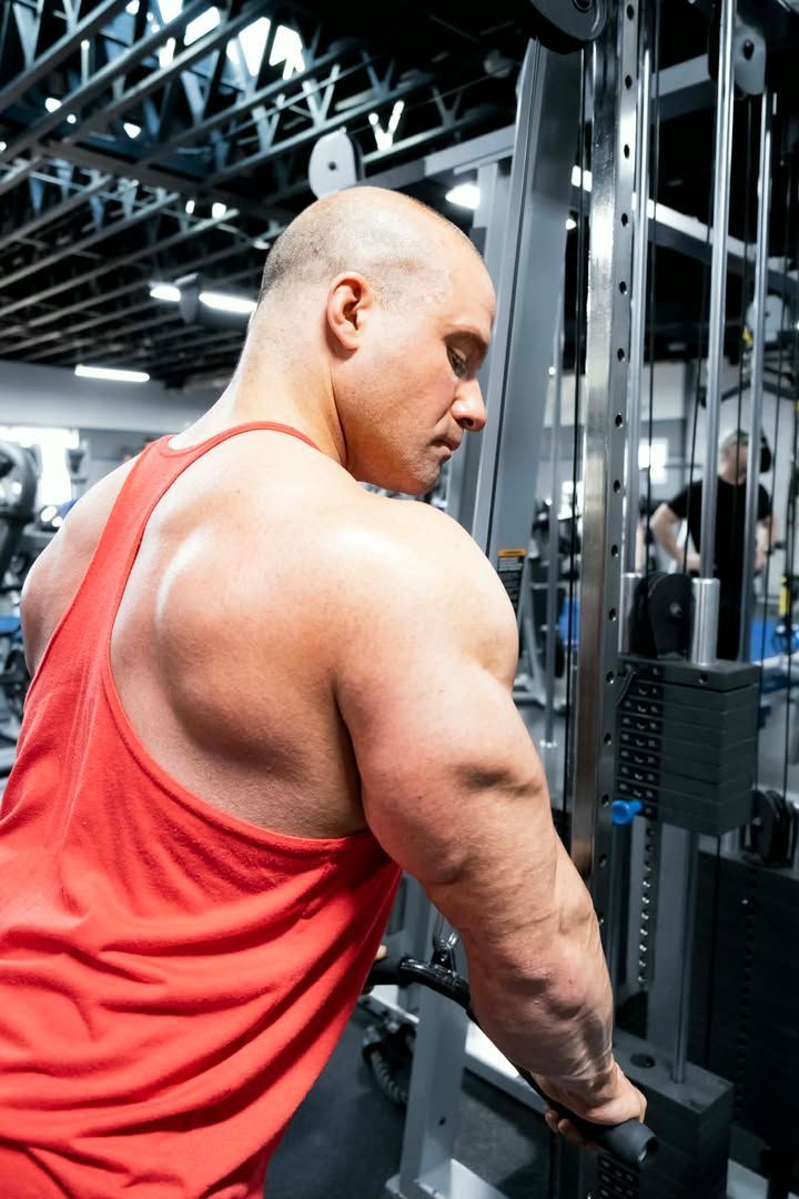 Man in a red tank top using a cable machine in a gym