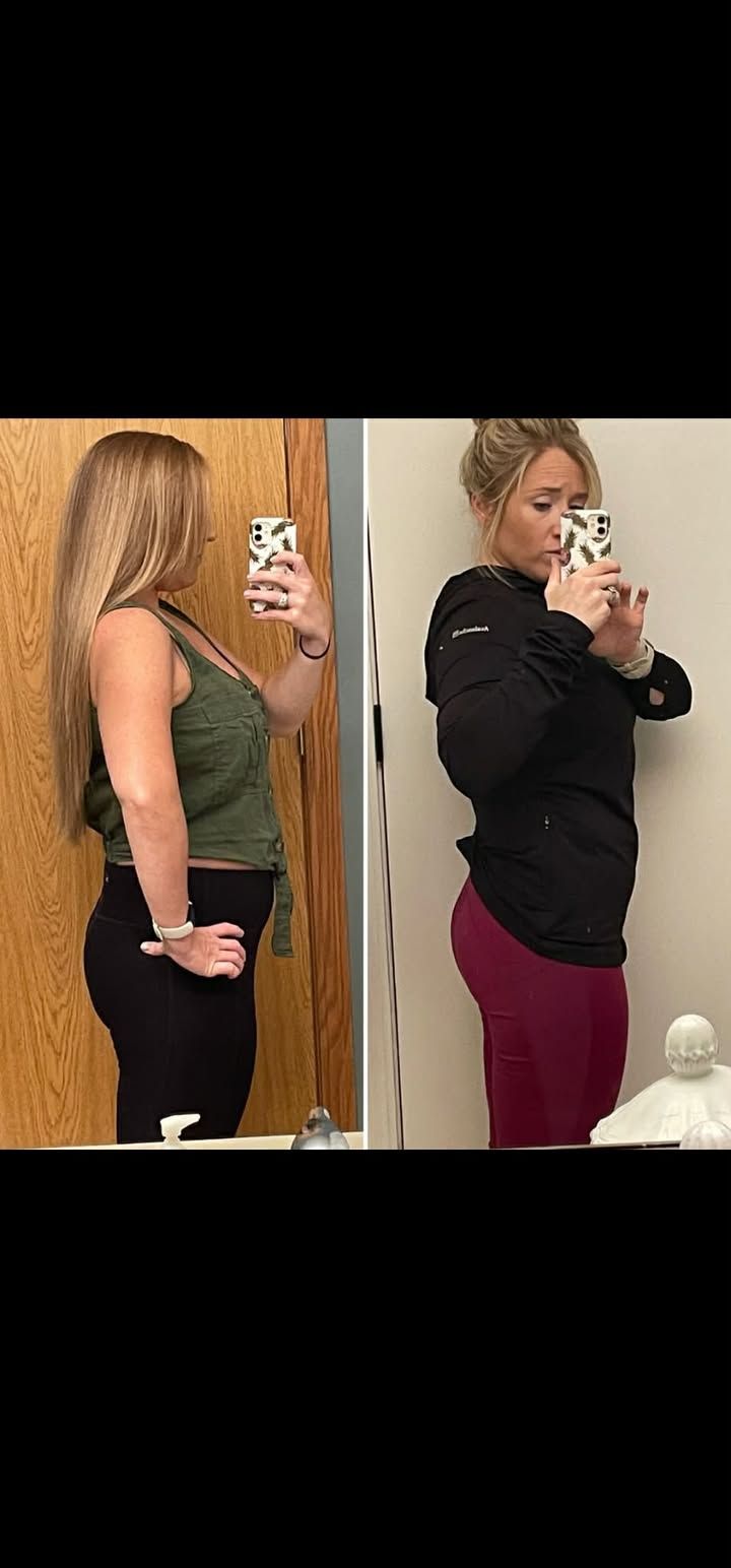 Side-by-side mirror selfies showing a person in black top and pink pants, from side and front views