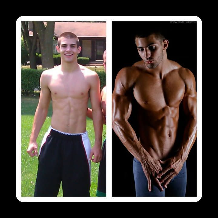 Before-and-after comparison of a shirtless man outdoors, showing a slimmer body and a muscular physique.
