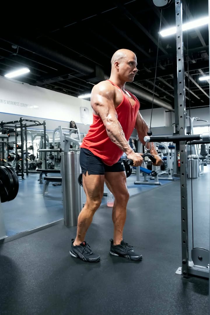 Man in red tank top performing cable workout in a gym