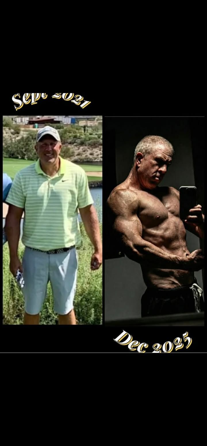 Before-and-after fitness collage: man in a green polo and shorts, then muscular in a black tank top.