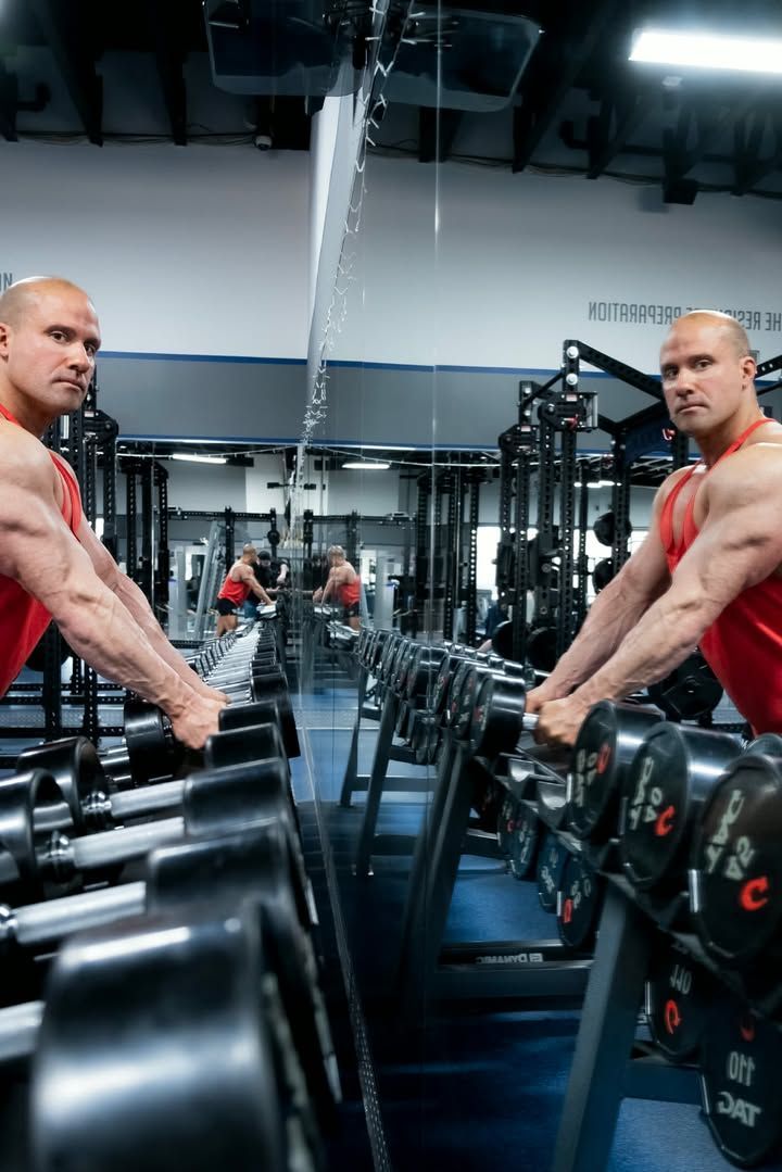 Man in red tank top posing beside a mirrored gym machine with a dramatic reflection effect