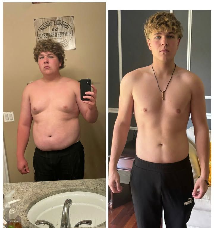 Side-by-side mirror selfies showing a person before and after weight loss in a bathroom and bedroom.