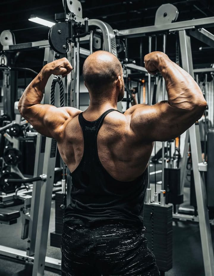 Back view of a muscular man flexing in a gym, wearing a black tank top between weight machines