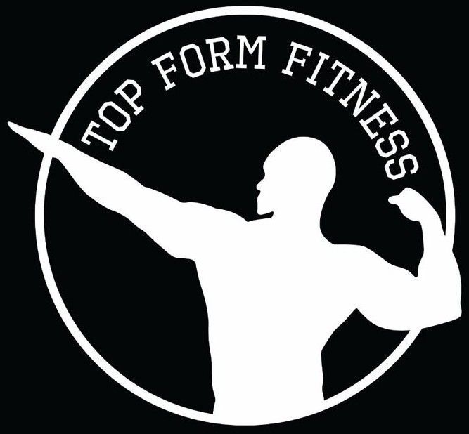 Top Form Fitness logo with white bodybuilder silhouette inside a black circle