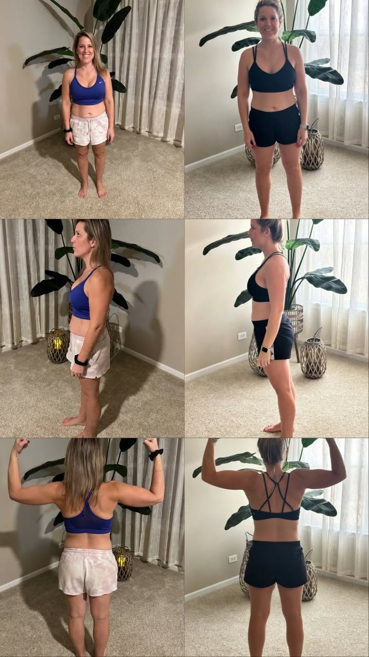 Collage of a person modeling a blue sports bra and black shorts from front, side, and back views
