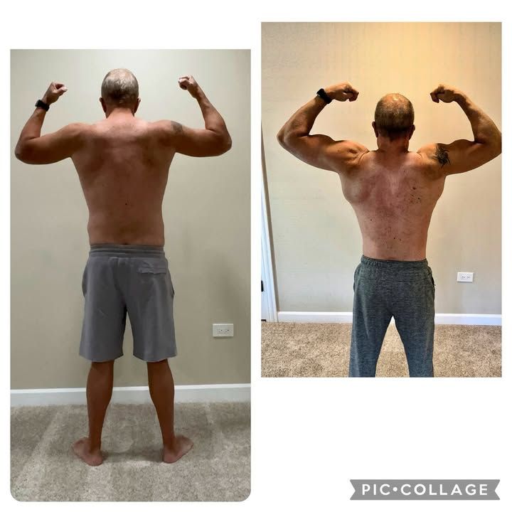 Side-by-side back photos of a person flexing arms, showing a leaner physique in the right image.