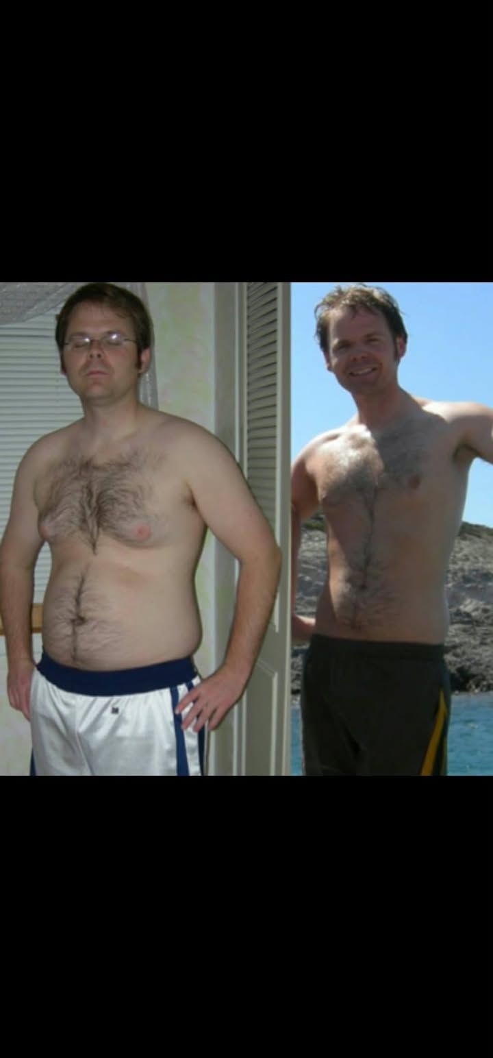 Side-by-side torso photos of a shirtless person, showing a before-and-after body transformation.