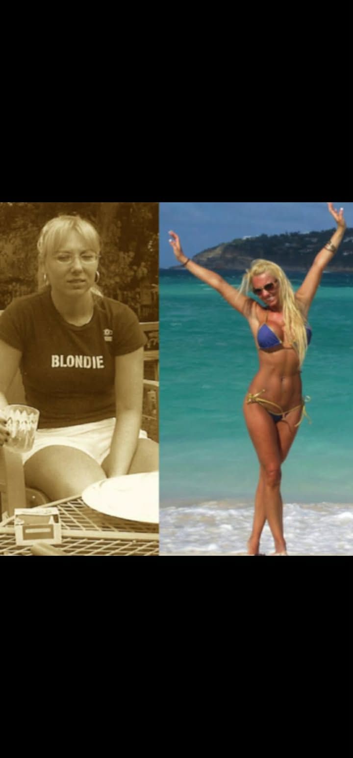 Side-by-side before-and-after beach photos: a sepia portrait and a woman posing in a bikini with arms raised on sand.
