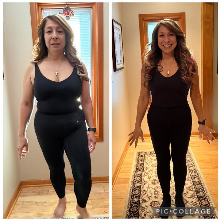 Side-by-side indoor before-and-after photos of a woman standing in a hallway, wearing black workout clothes.