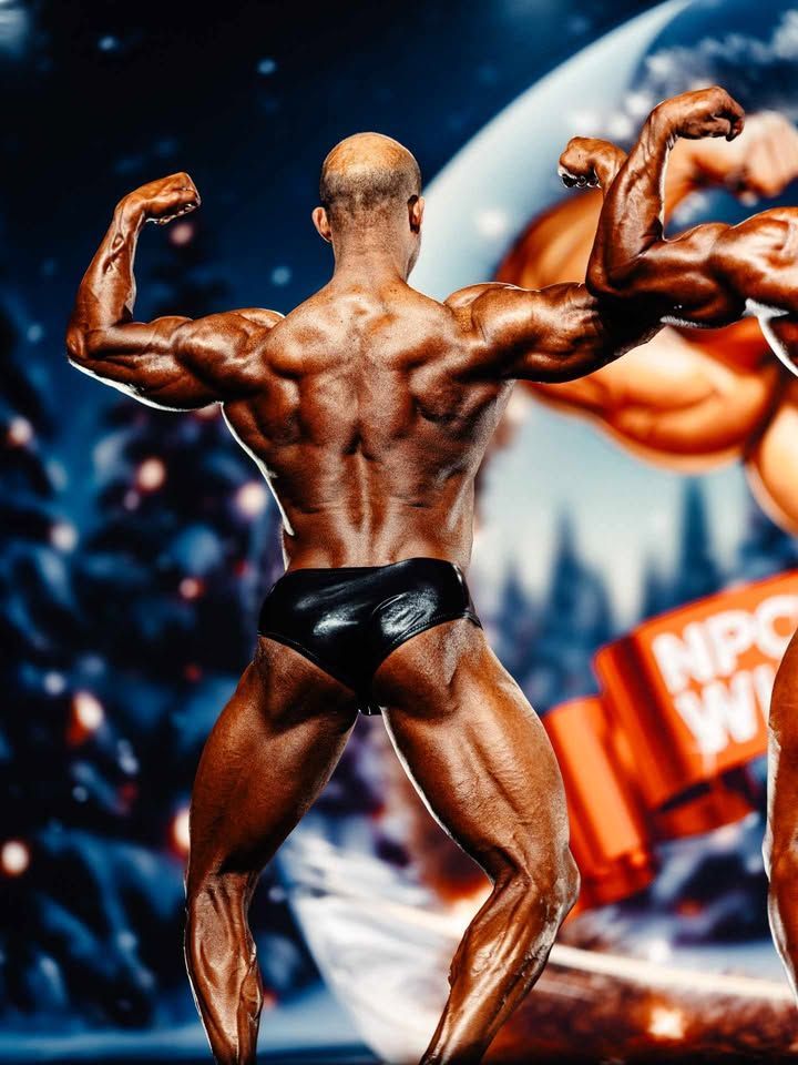 Back view of a muscular bodybuilder posing on stage under bright lights, with blurred event signage in the background