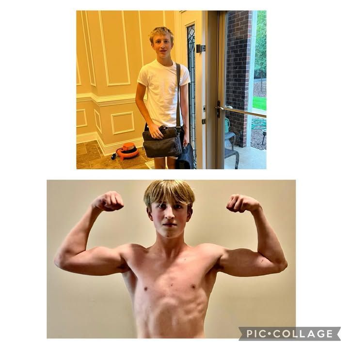 Two photos of a young man standing indoors, then flexing his arms shirtless in a collage