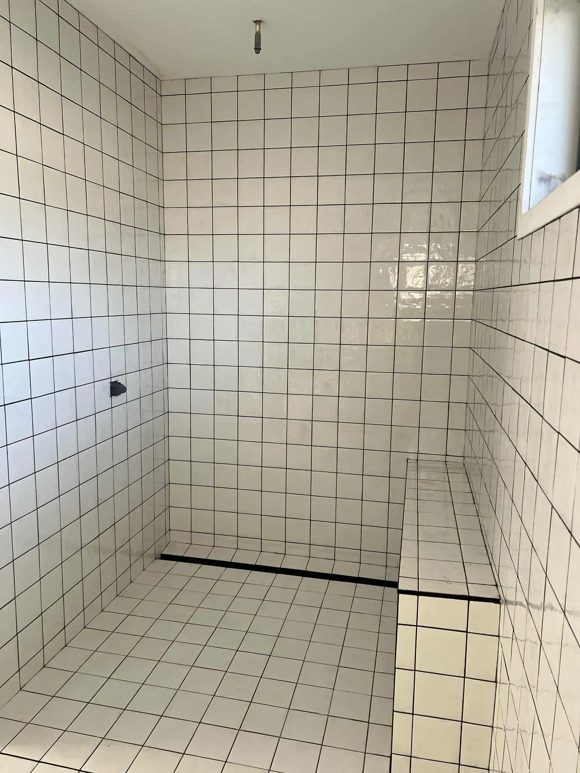 Empty tiled shower stall with white walls, black grid lines, and a small window on the right.