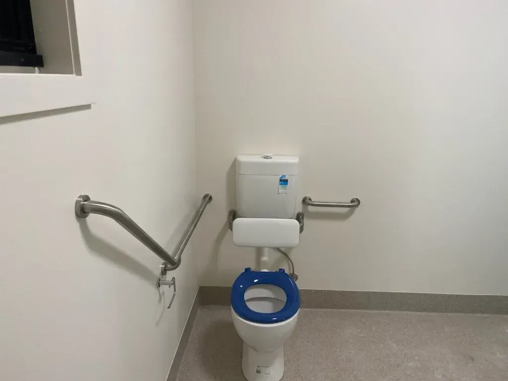 Accessible restroom with toilet, blue seat cover, and stainless steel grab bars next to a window