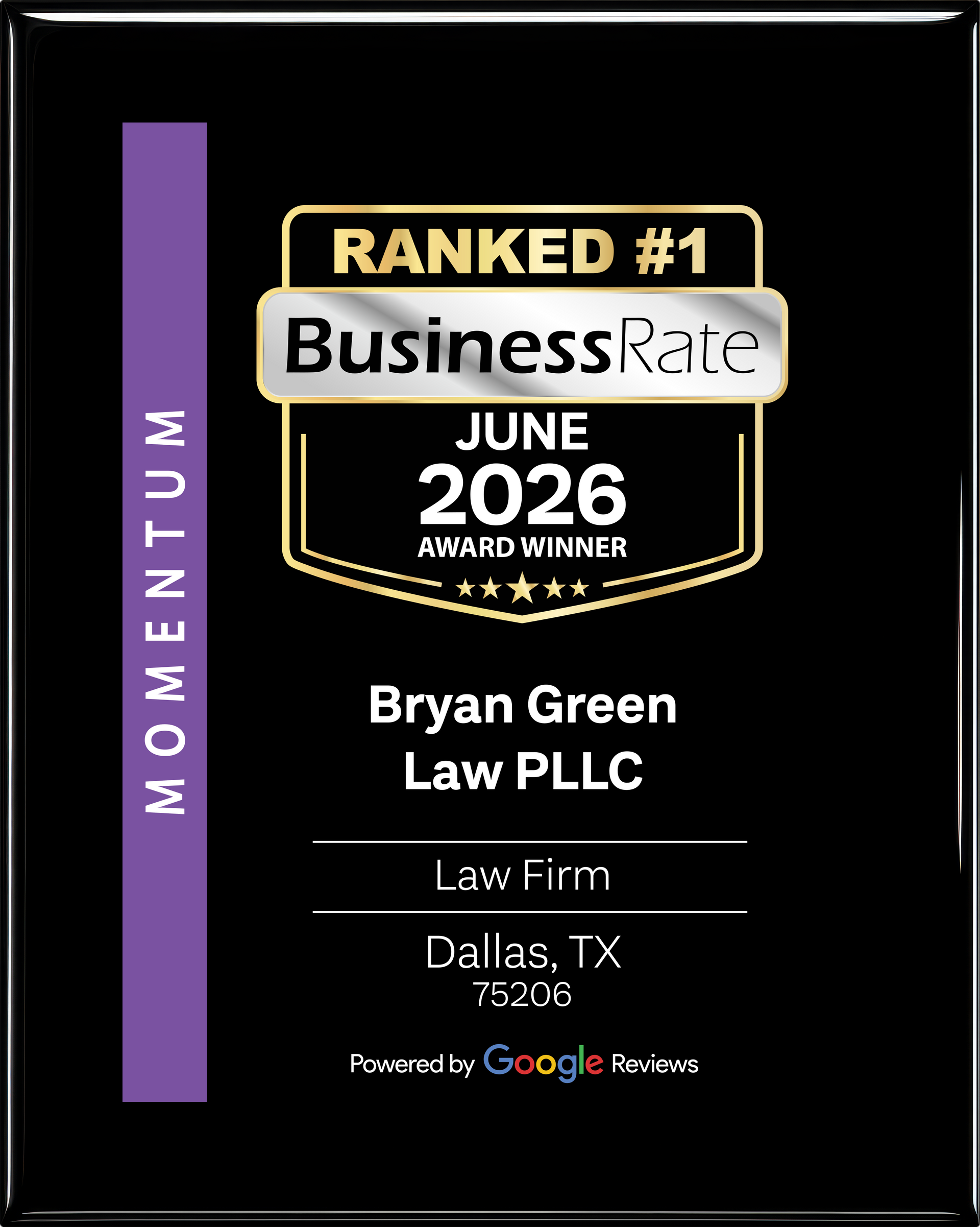 BusinessRate 2026 Award, ranked No. 1 in 75206, Bryan Green Law PLLC