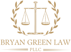 Bryan Green Law PLLC logo with gold scales of justice and laurel wreath on white background