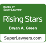 Super Lawyers Rising Stars badge for Bryan A. Green on green background, with SuperLawyers.com