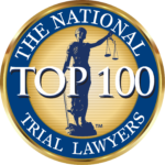 Circular blue-and-gold “The National Top 100 Trial Lawyers” badge logo